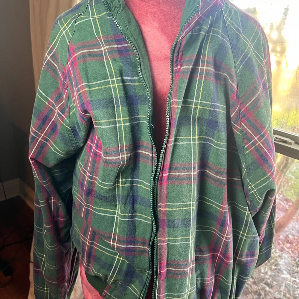 Vintage Preppy Green Reversible  Plaid Nylon Zip Jacket Size M Academia Unisex